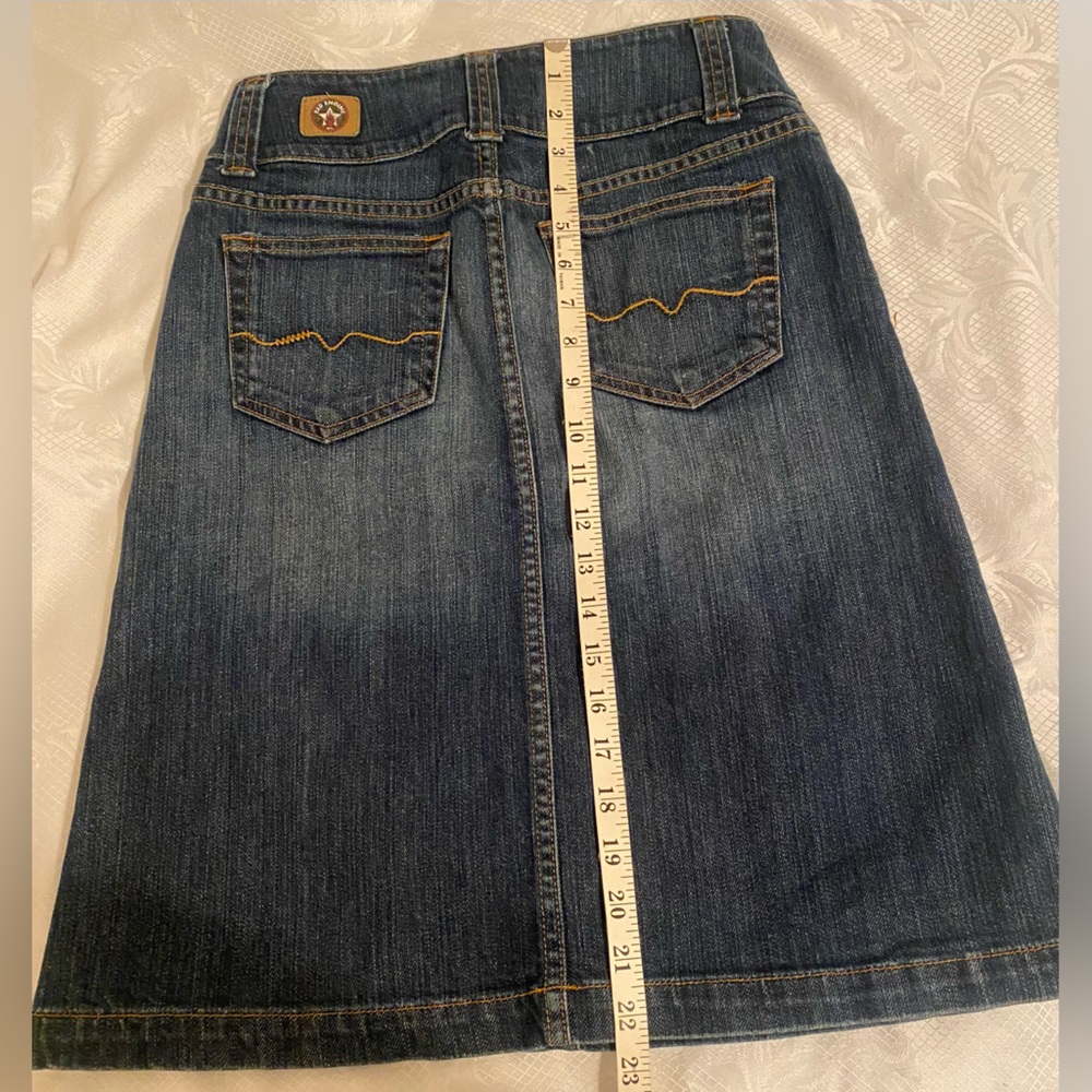 Red Engine Denim Midi Skirt. Size 27 - Picture 7 of 8